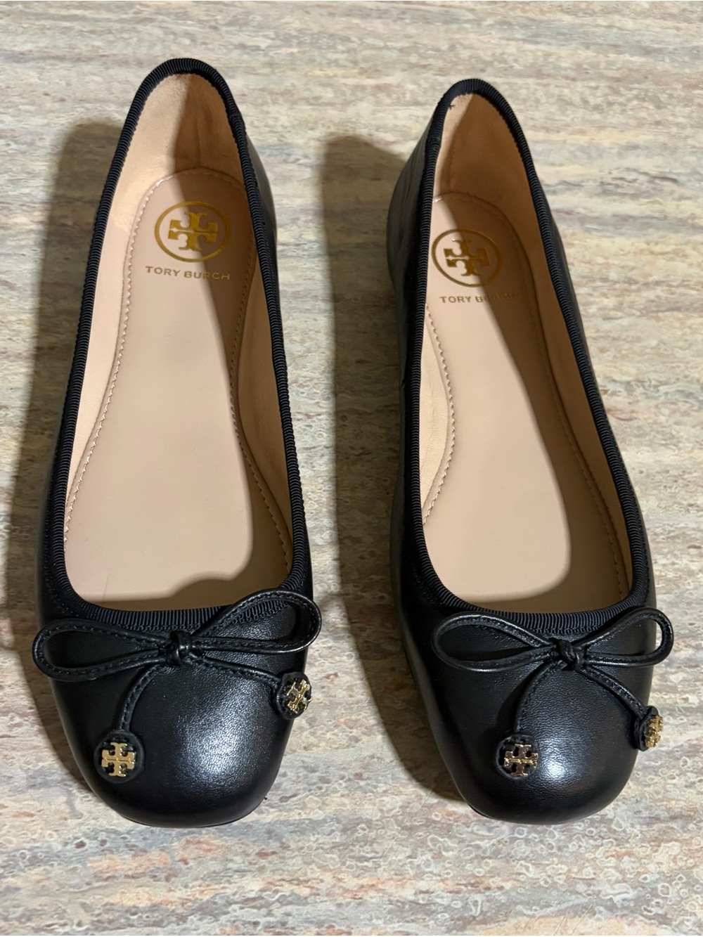 Tory Burch Laila Driver Black Leather Bow Ballet Flats with Gold Logo Charms